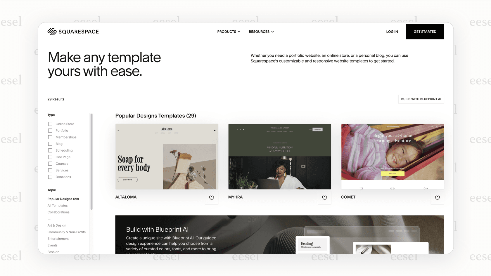 The template selection screen in Squarespace, which is a key reason brands focused on aesthetics choose it over other Magento alternatives.