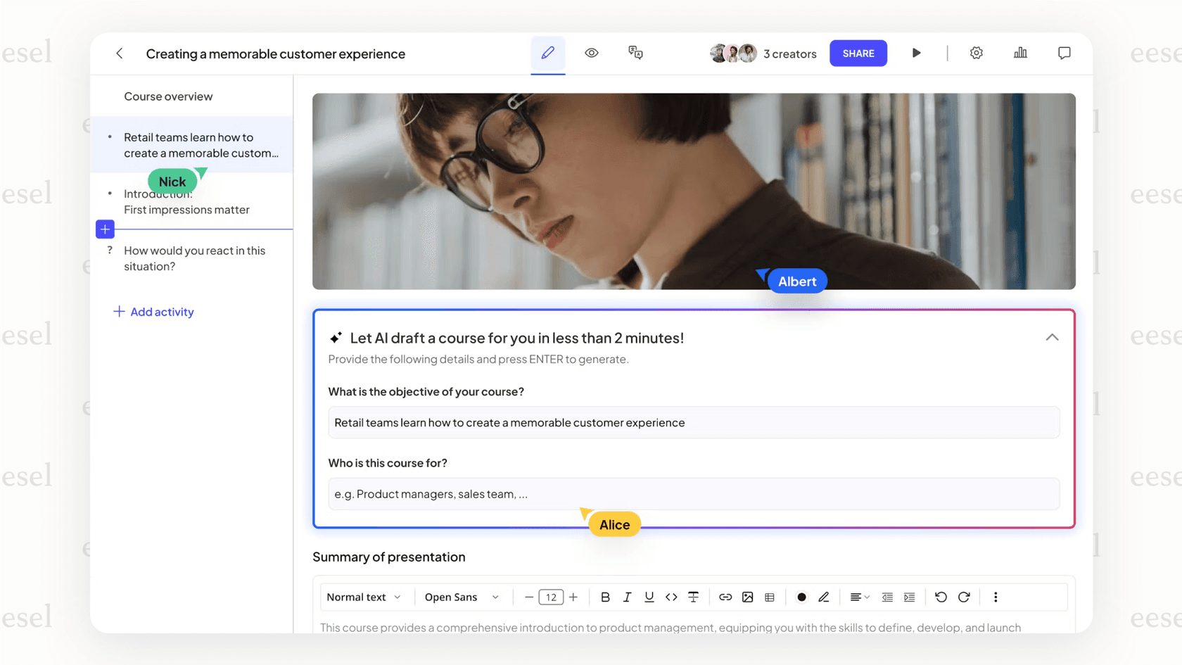 La interfaz del editor de cursos en 360Learning, mostrando cómo las plataformas de educación en IA pueden usar IA para ayudar a un empleado a construir un módulo de capacitación para sus compañeros.