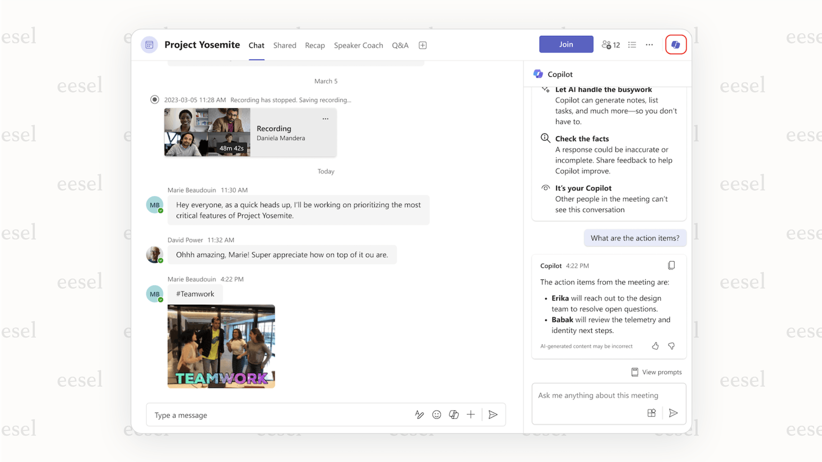 An example of a Copilot AI meeting summary, a feature analyzed in this microsoft teams review.