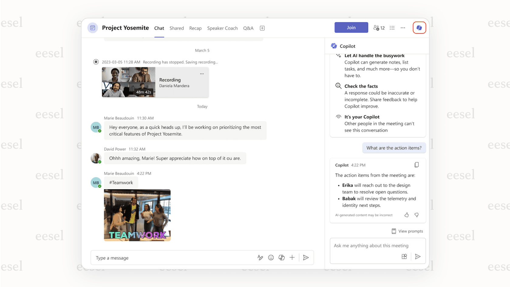 An example of a Copilot AI meeting summary, a feature analyzed in this microsoft teams review.