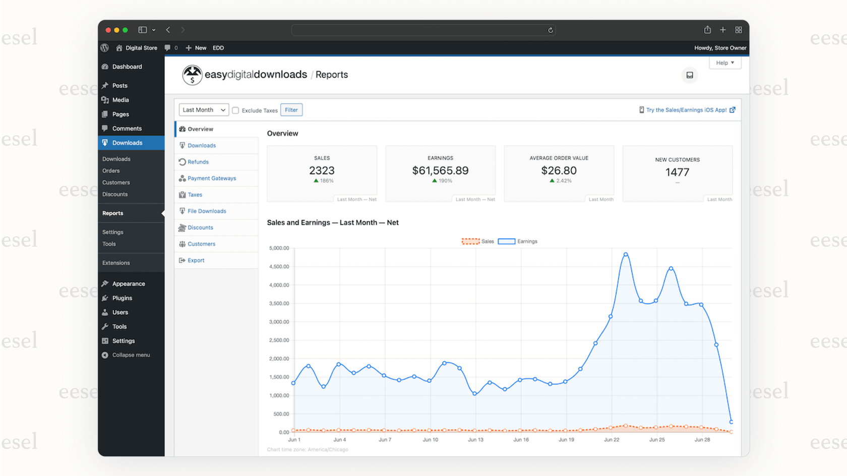 Eine Ansicht des Kunden-Dashboards in Easy Digital Downloads, einer Nischen-WooCommerce-Alternative, bei der Benutzer auf ihre Kaufhistorie zugreifen und Dateien erneut herunterladen können.