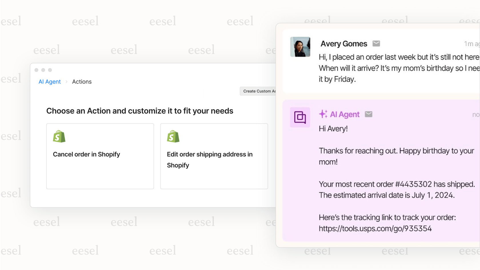A screenshot of the Gorgias help desk, demonstrating AI for customer service automation for e-commerce. A customer ticket asking "Wheres my order?" has been automatically answered by the AI with specific order details pulled directly from Shopify, including tracking number and delivery status.