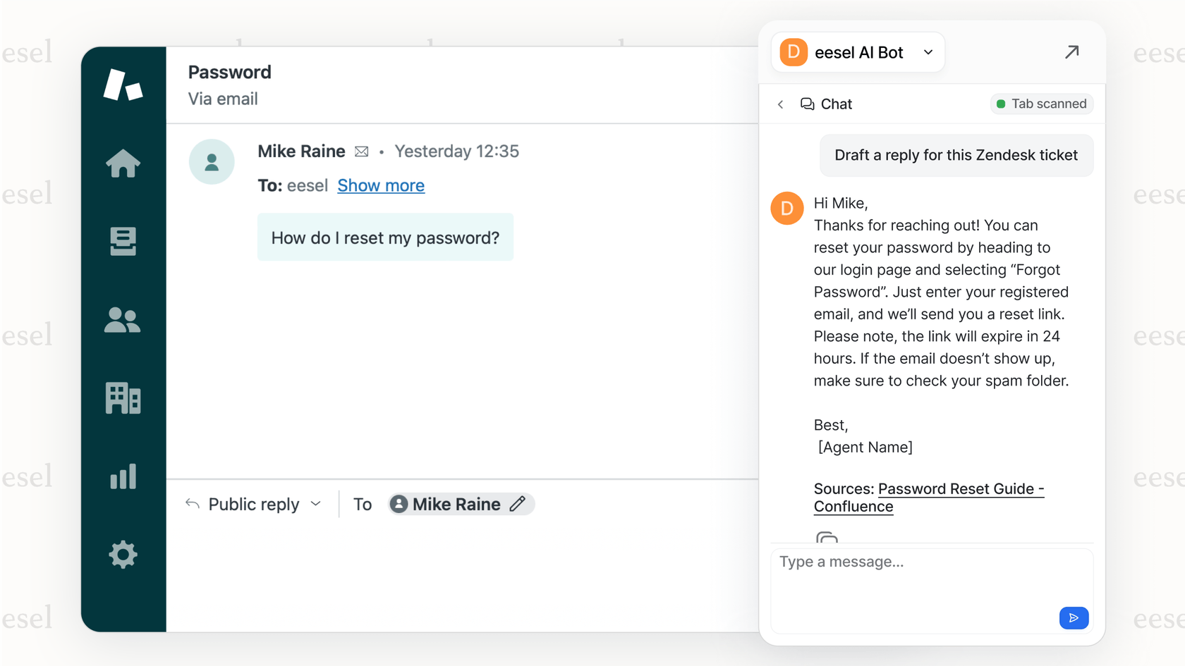 Confluenceの知識ベースから直接Zendeskサポートチケット内で回答を提供するeesel AIアシスタントのスクリーンショットで、Confluence価格階層を強化する方法を示しています。