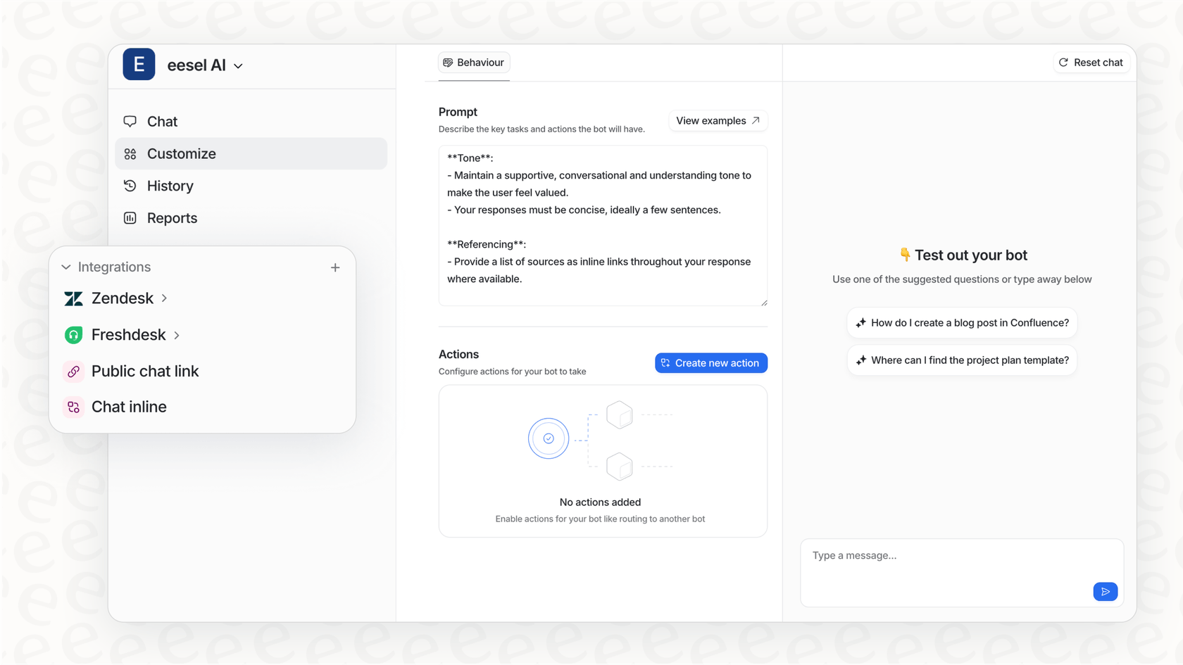 Screenshot showing how a conversational AI for finance platform unifies knowledge by connecting to multiple sources like helpdesks and internal wikis.