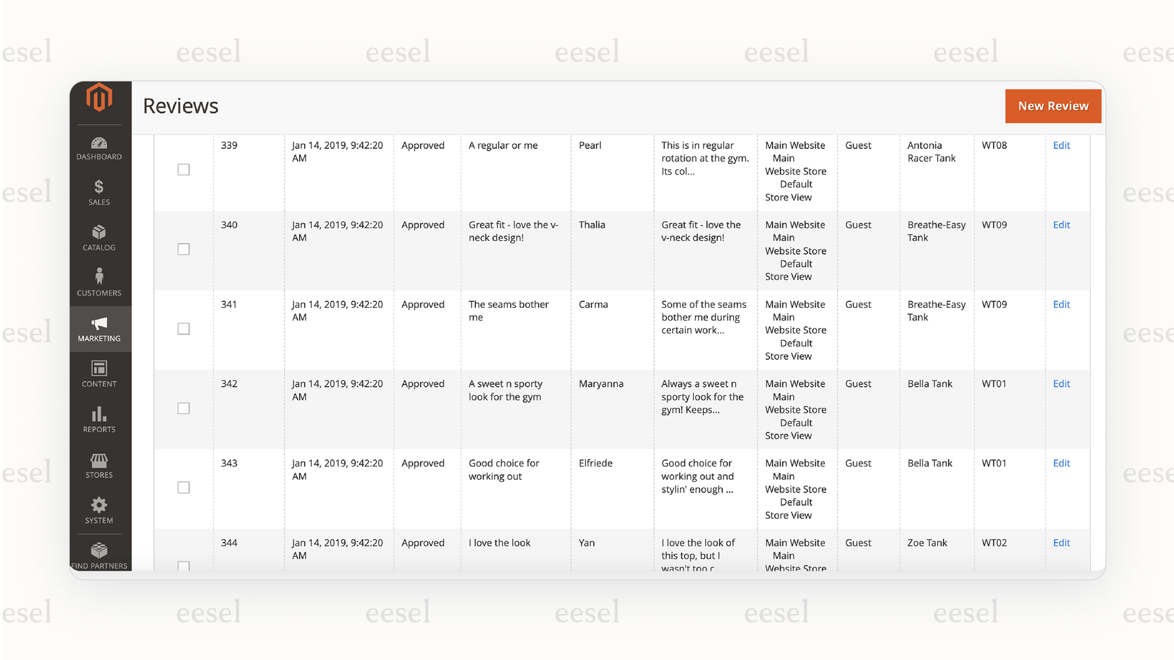 A screenshot for a Magento review that shows the customer reviews moderation page in the Magento backend, with options to approve, edit, or delete pending reviews.