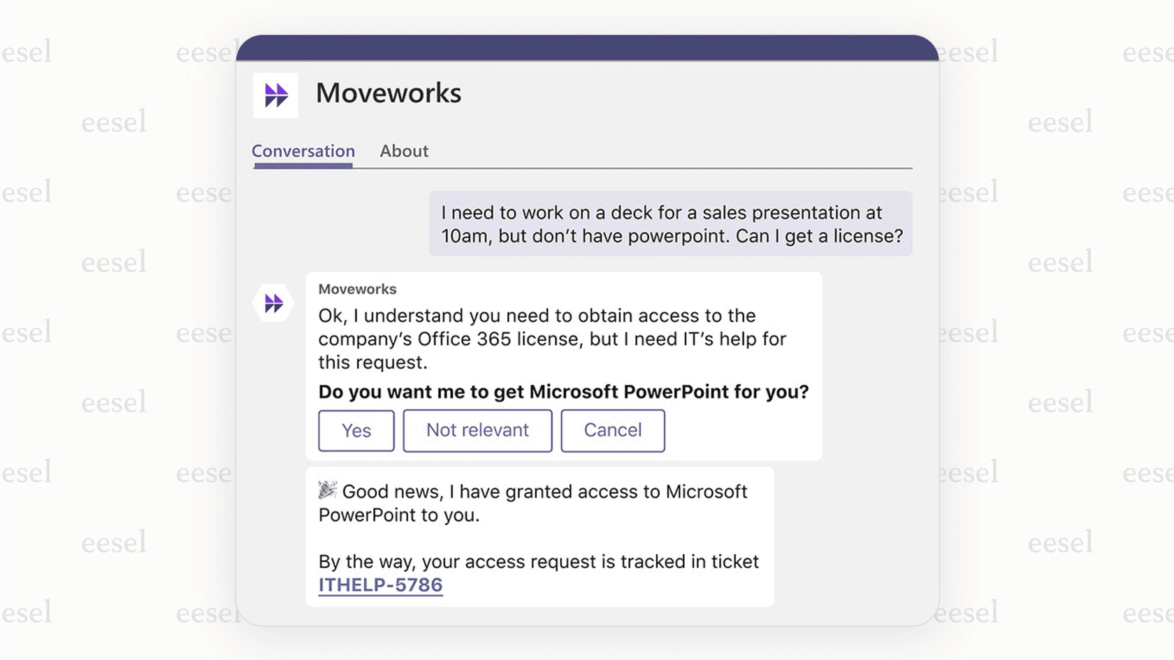 Ein Screenshot, der den Moveworks-Chatbot in einem Microsoft Teams-Gespräch zeigt, der KI für Workflows verwendet, um einem Mitarbeiter beim Zurücksetzen seines Passworts zu helfen.