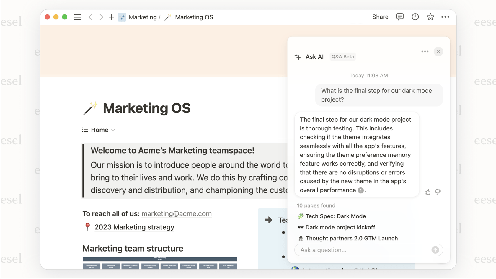 A screenshot within a Notion page showing a long block of text selected, with the Notion AI menu open and the