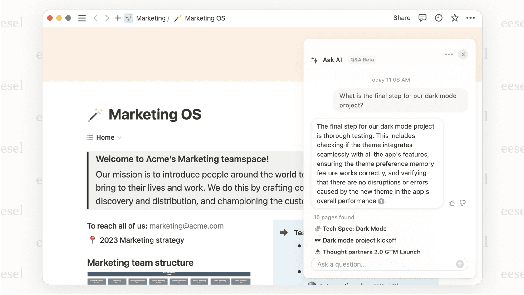 A screenshot within a Notion page showing a long block of text selected, with the Notion AI menu open and the