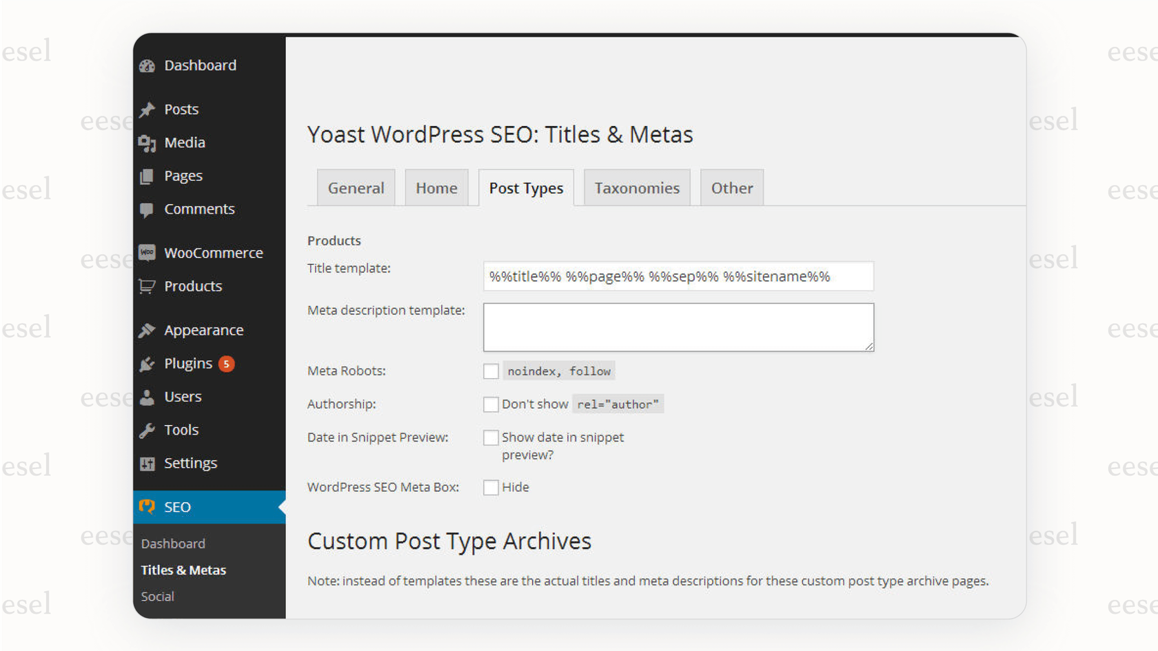 A screenshot demonstrating the powerful on-page SEO controls available for this woocommerce review when using a plugin like Yoast.