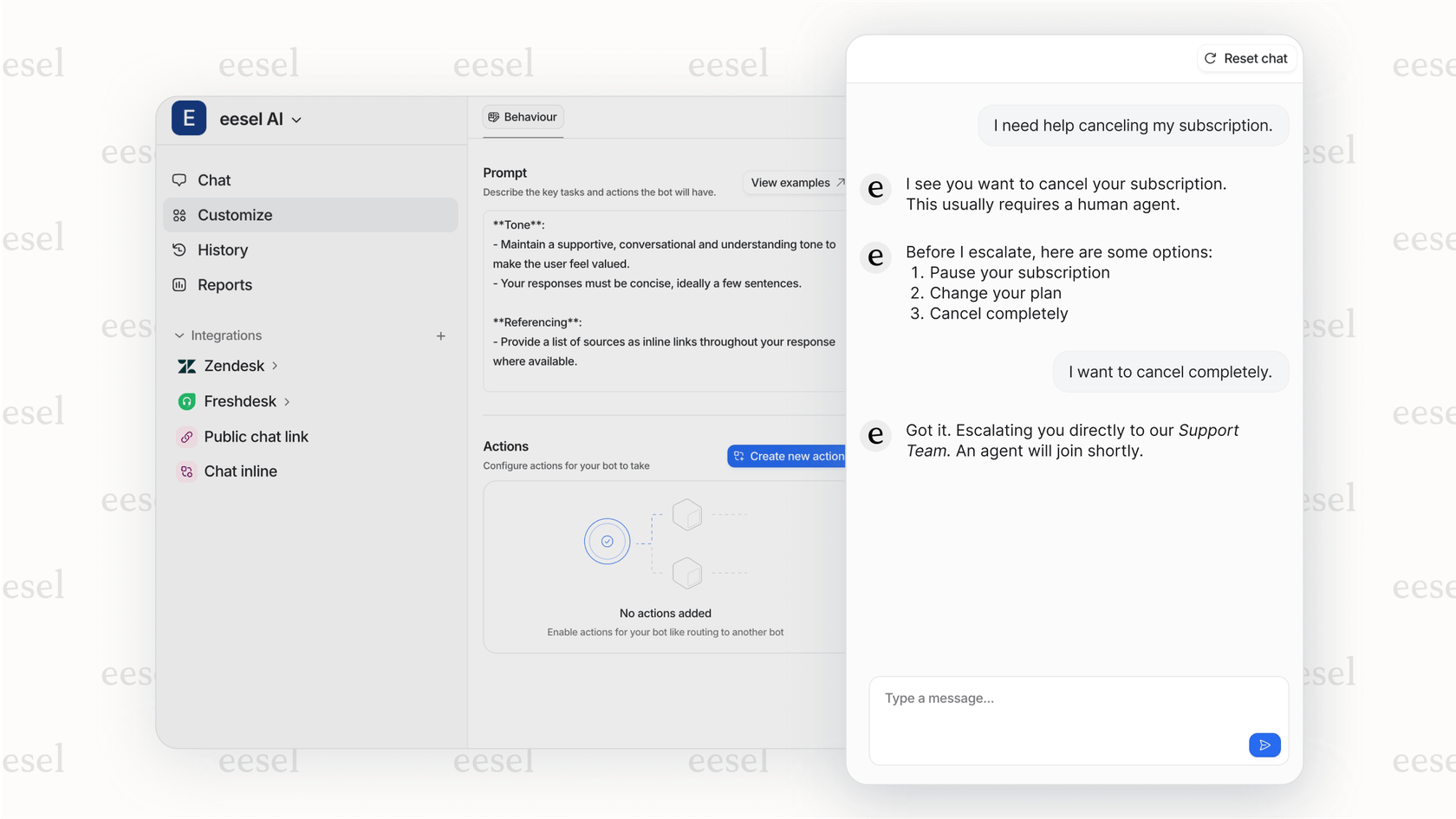 A screenshot of a simulation tool that helps users test and refine their AI escalation logic on historical data without impacting live customers.