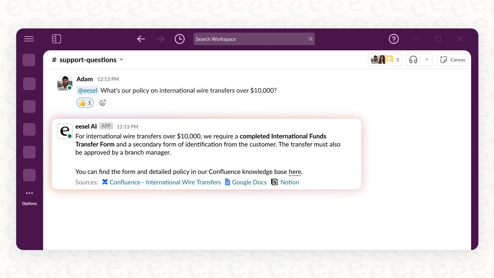 A screenshot showing a bank employee asking an internal AI assistant, "What is our policy on international wire transfers?" and receiving an instant, accurate answer with a link to the source document.