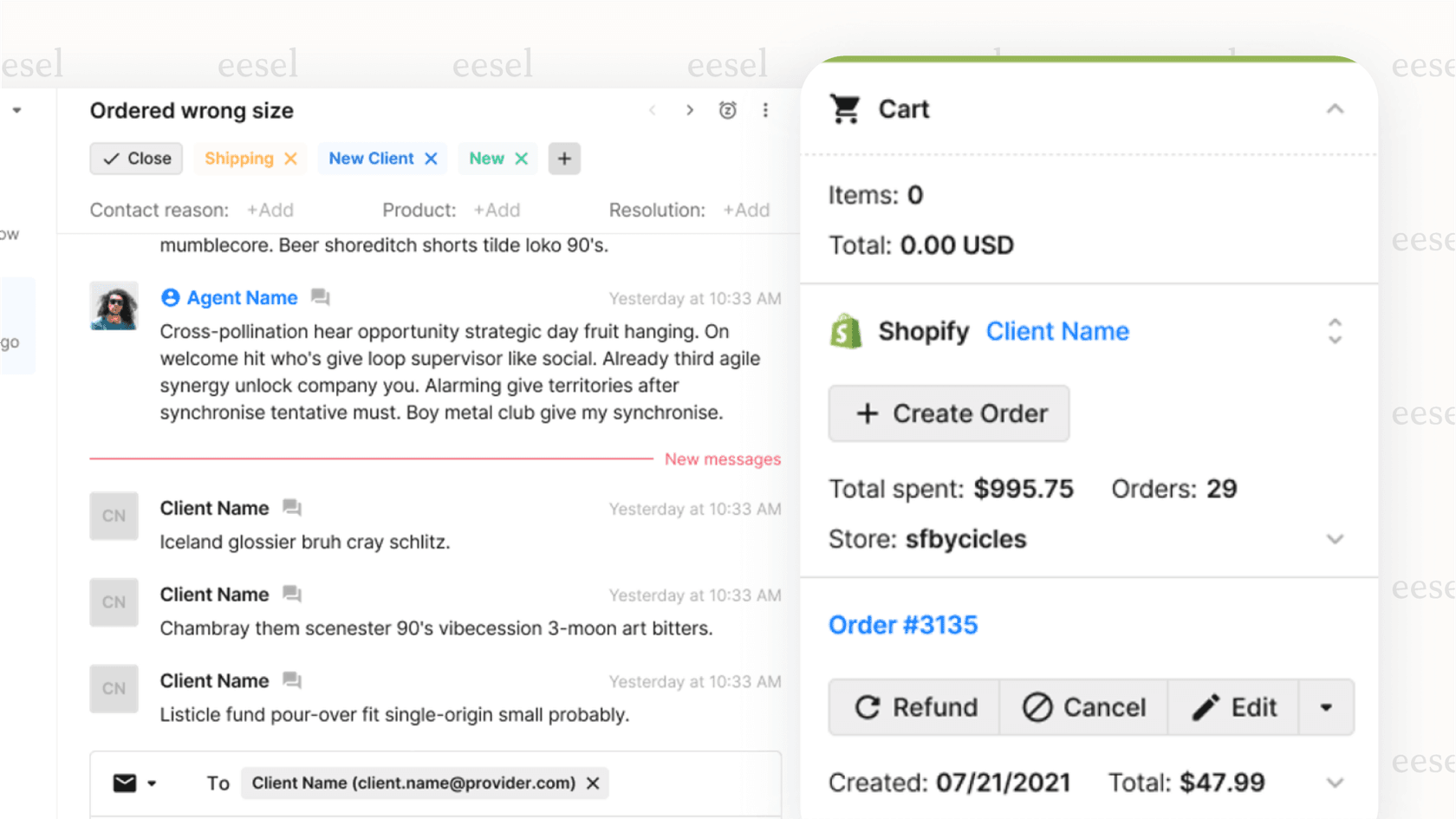 The Gorgias user interface with a customer chat on one side. On the other side, the AI chatbot for ecommerce has automatically pulled up the customer's complete Shopify order history, demonstrating the deep integration.