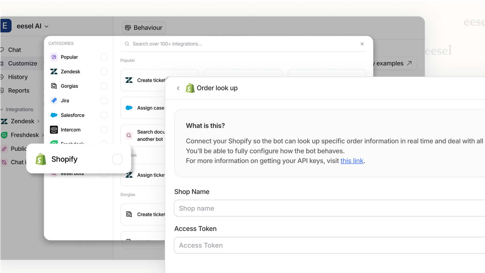 An interface showing how to configure an AI Action where the automated intent recognition tool can connect to a system like Shopify to take action on a customer