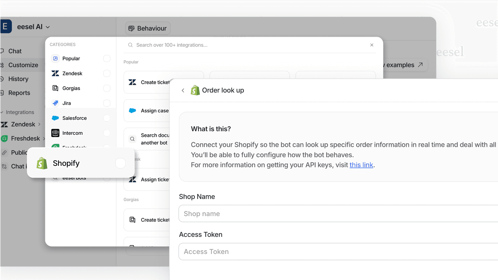 An interface showing how to configure an AI Action where the automated intent recognition tool can connect to a system like Shopify to take action on a customer