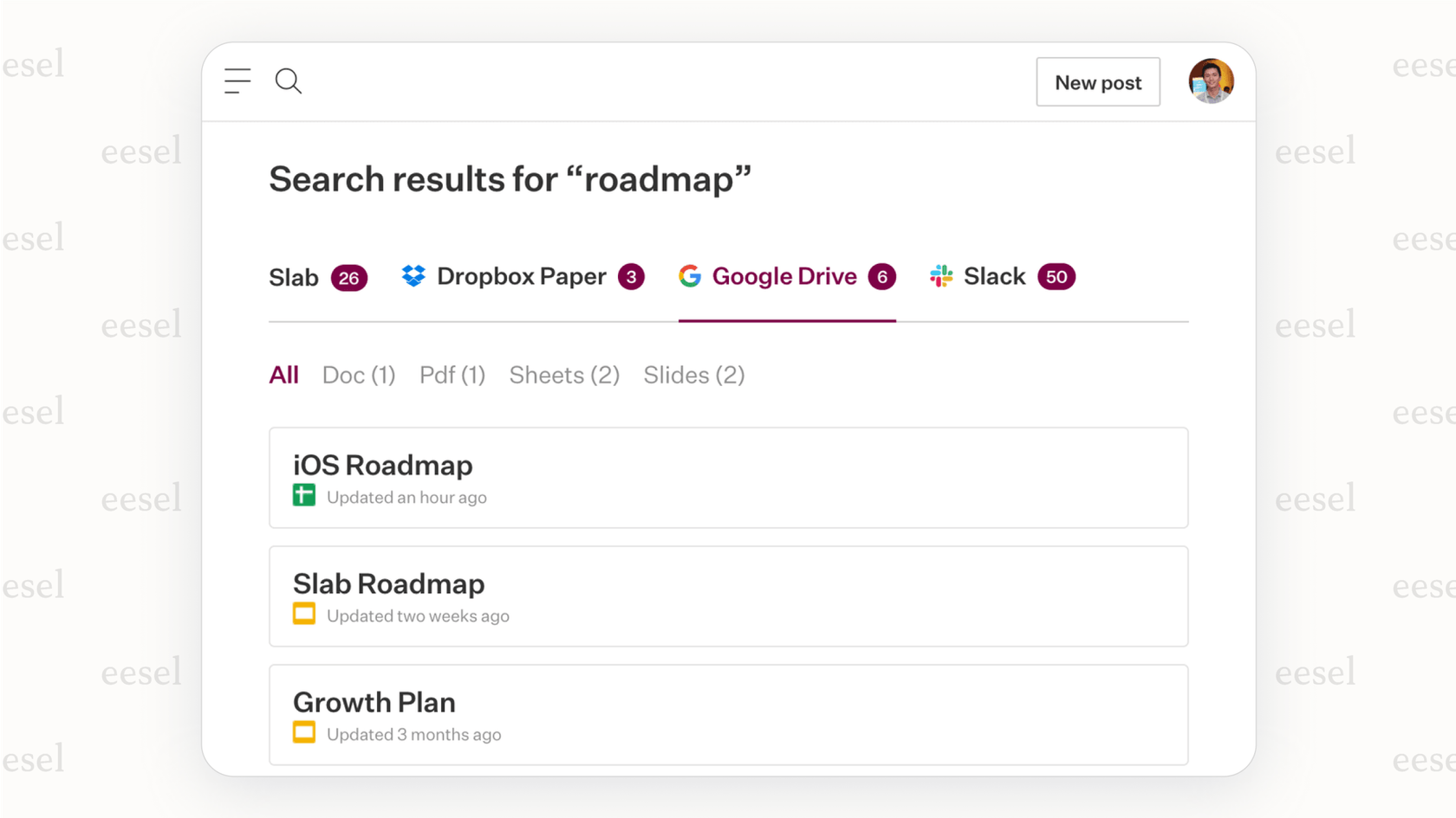 A screenshot showing the unified search results in Slab, a modern GitBook alternative, pulling information from connected apps like Slack and Google Drive.