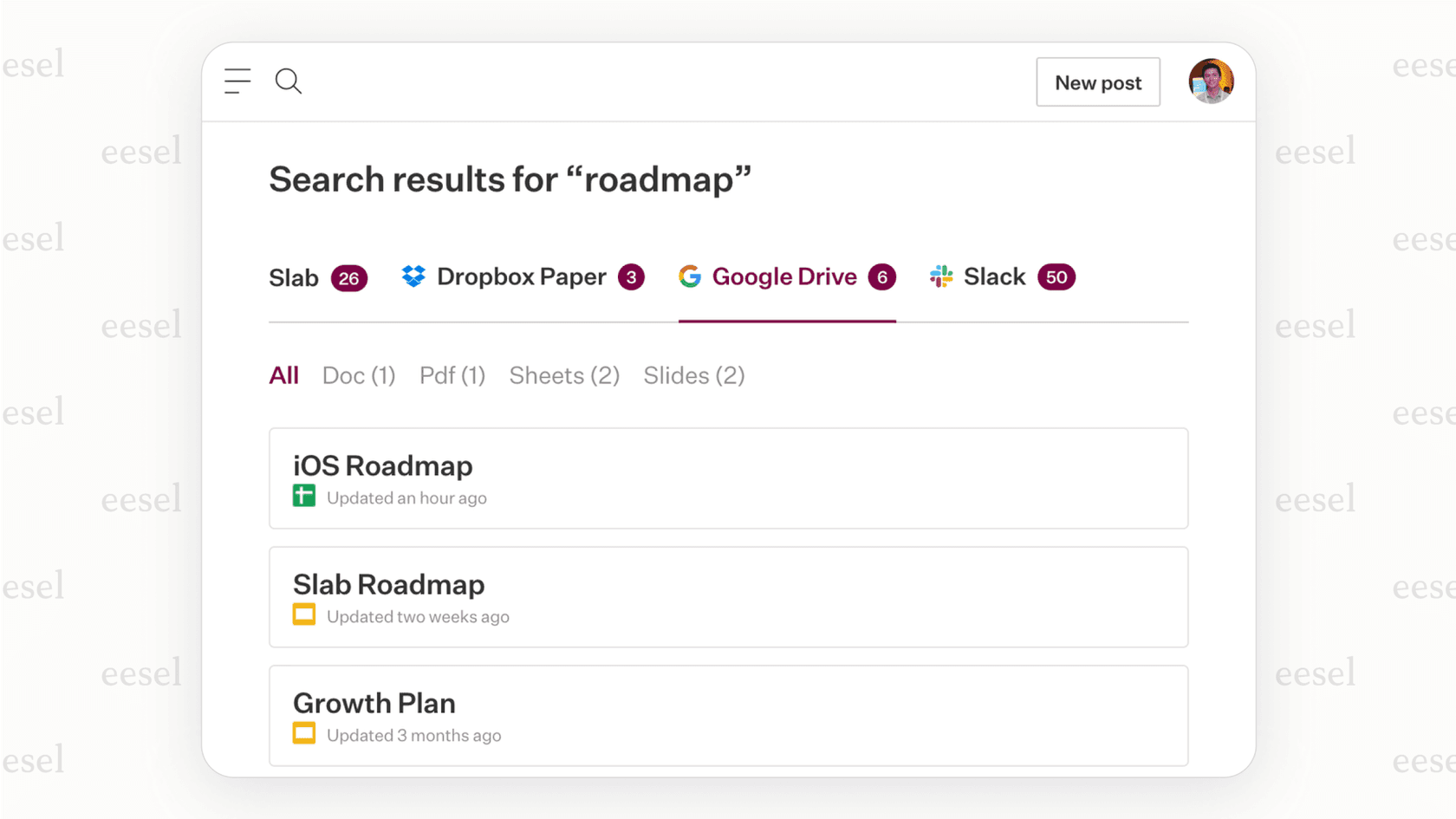A screenshot showing the unified search results in Slab, a modern GitBook alternative, pulling information from connected apps like Slack and Google Drive.