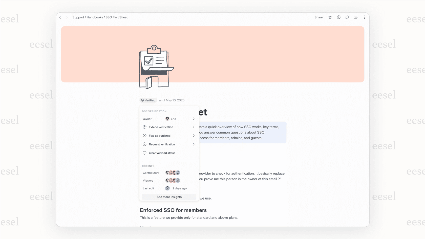 A screenshot of the Slite knowledge base, a clean SharePoint alternative, highlighting its content verification feature to keep documentation up-to-date.