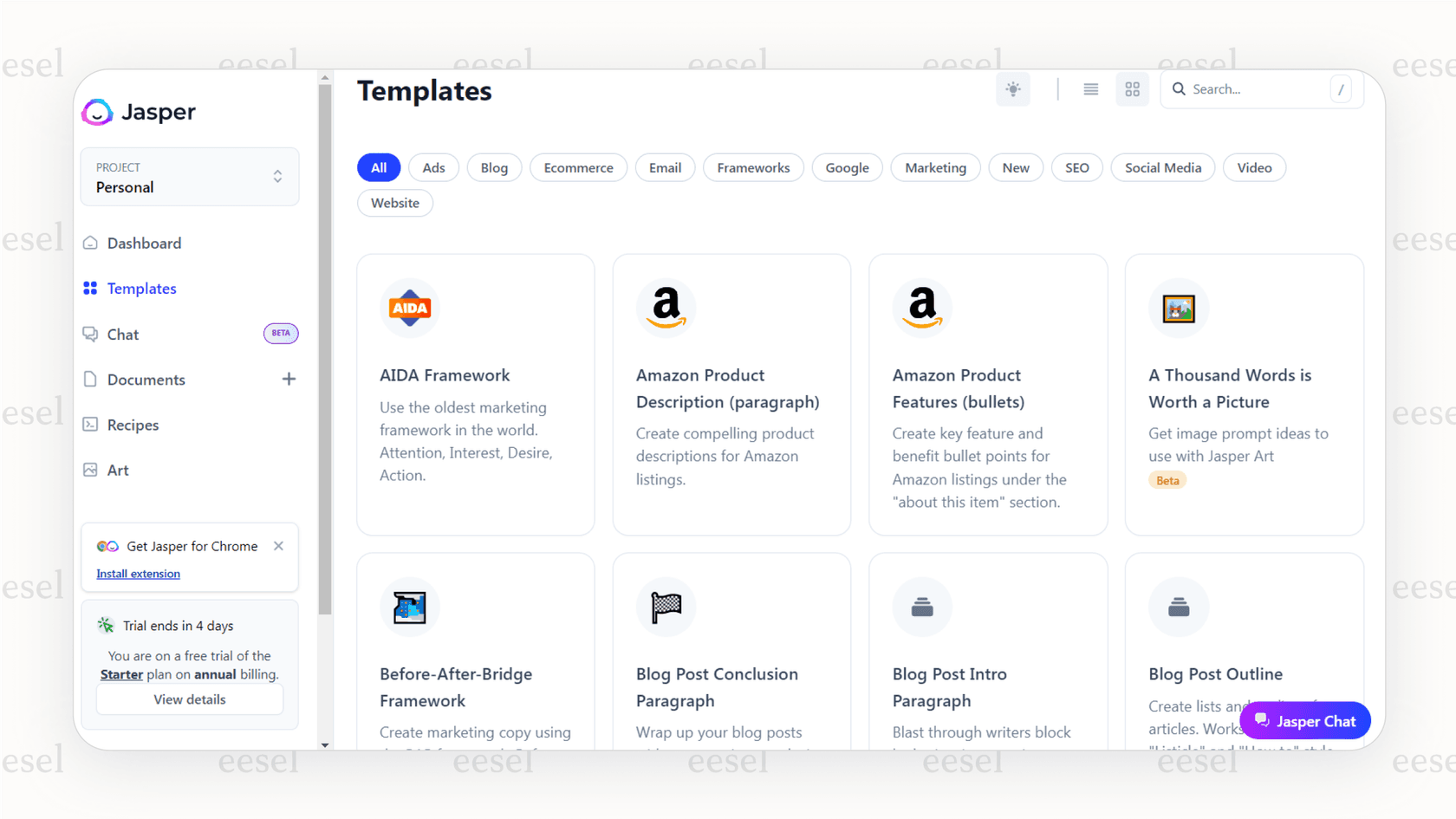 The Jasper template library, a key feature of these AI tools for business marketing.