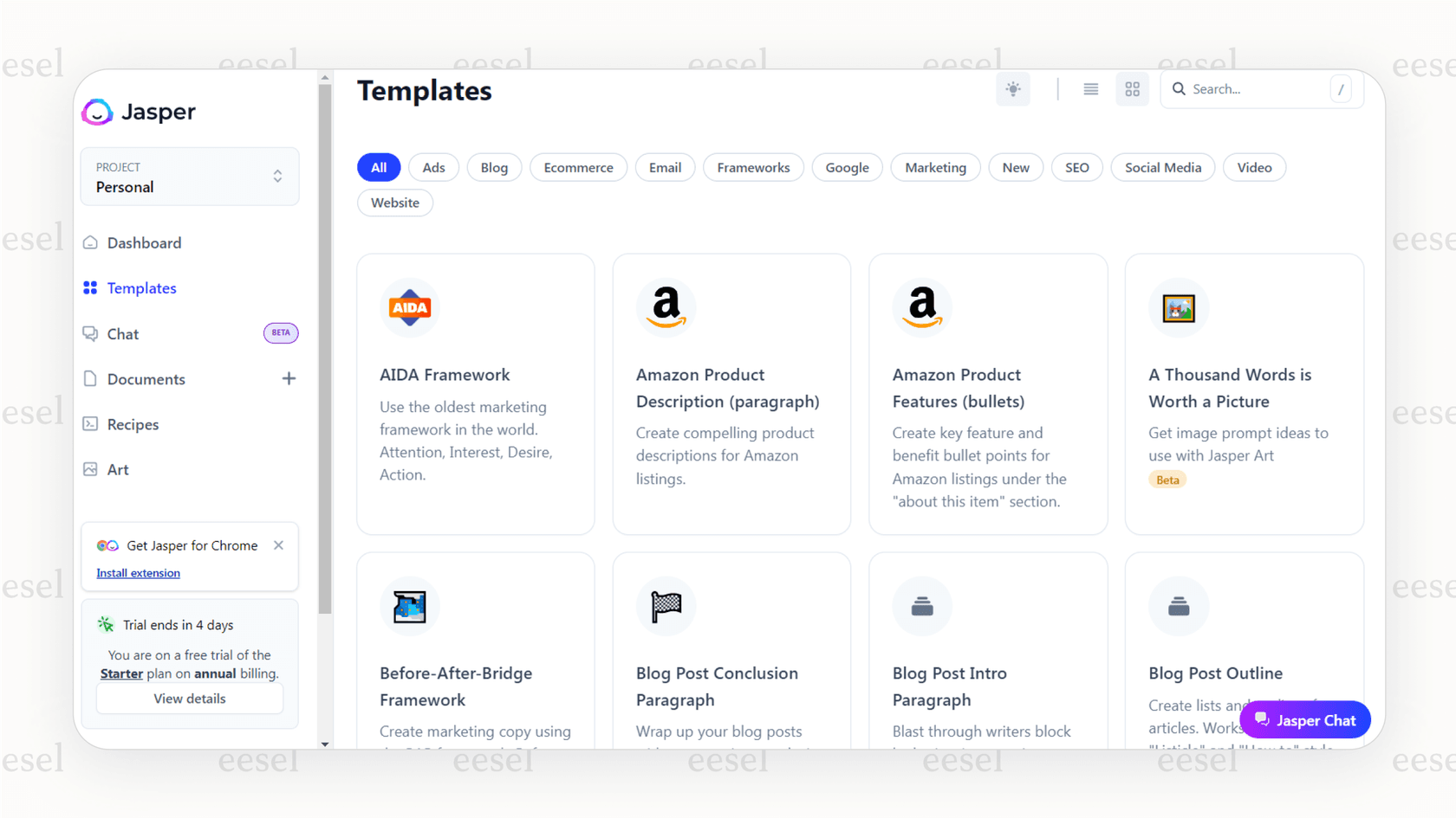 The user interface for Jasper, showing a wide selection of templates that are useful AI tools for business content creation, including options for ads, blogs, and social media.