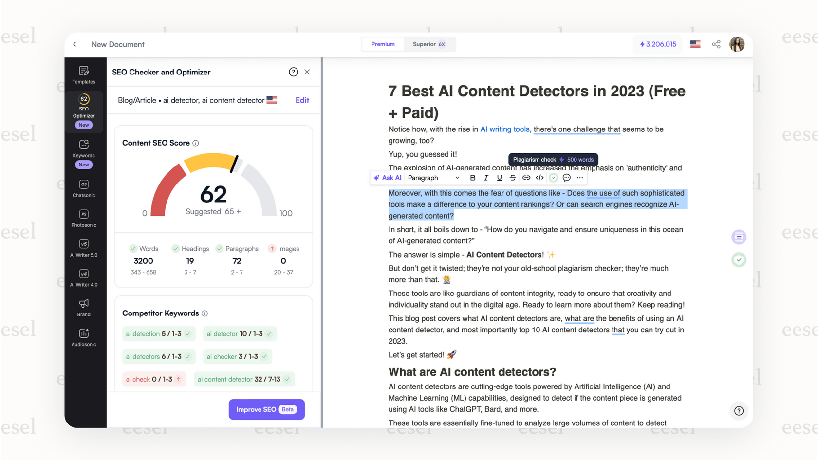A screenshot showing the editor in the Writesonic AI tool in writing, with an SEO score, keyword suggestions, and competitor analysis on the side.
