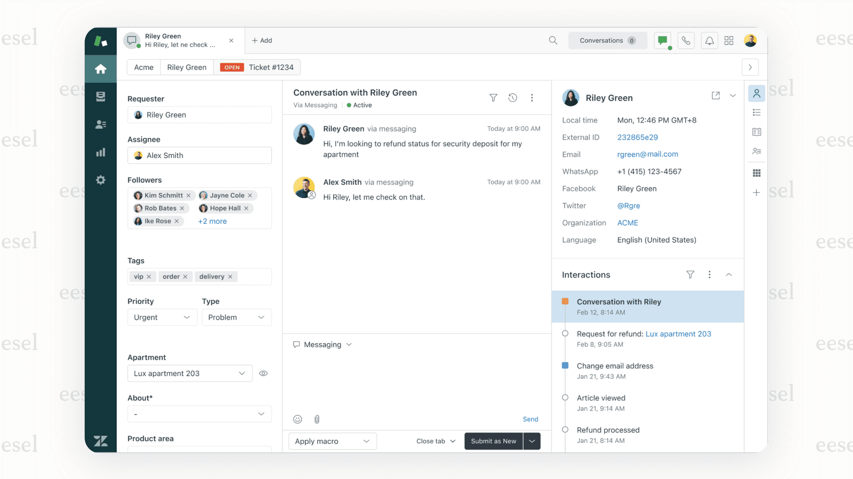 A screenshot of the Zendesk Agent Workspace, a key feature of its live chat software, showing a unified view of customer information.