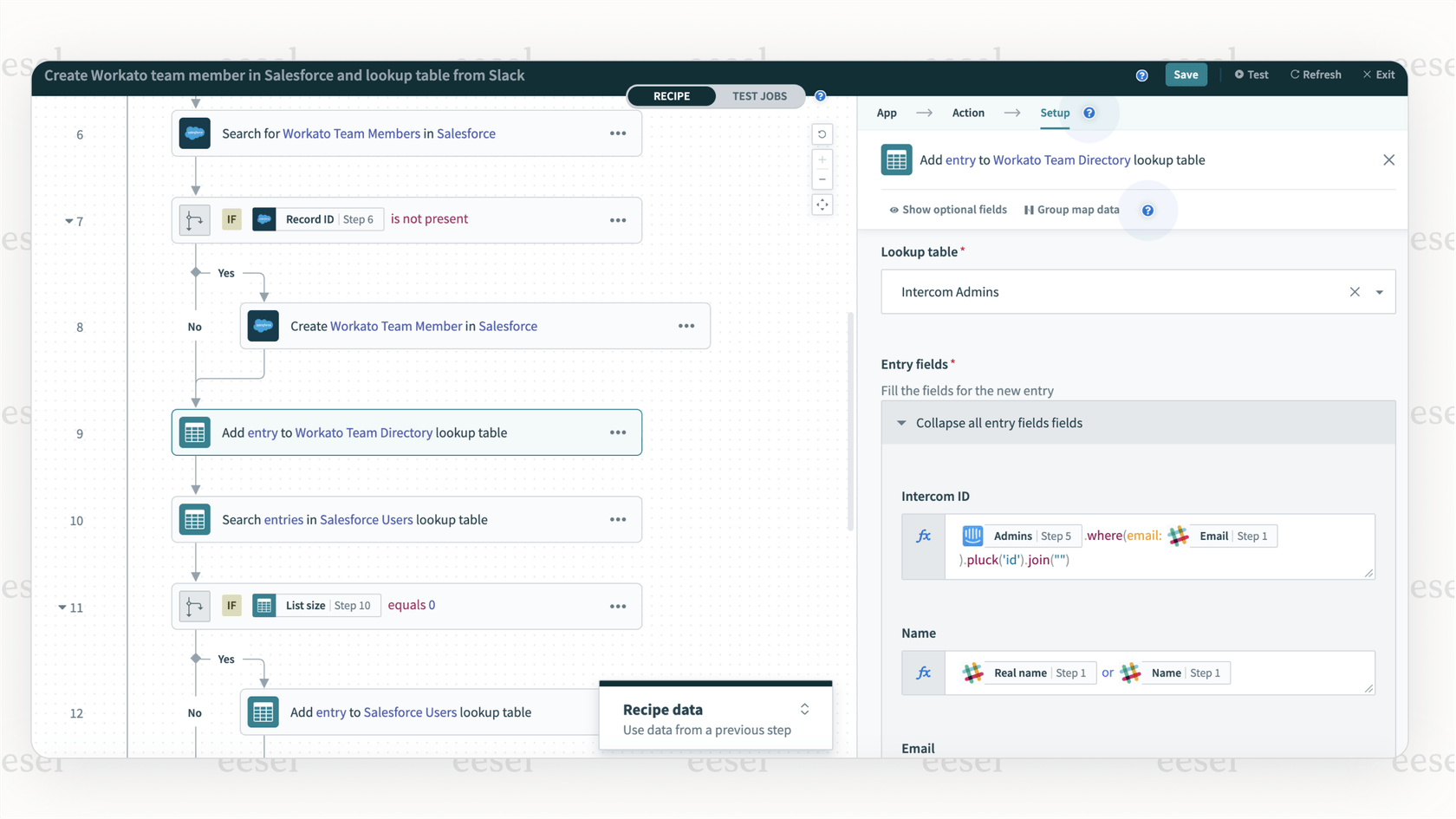 A screenshot of a complex business process automation in Workato, a high-end option for Make.com alternatives.