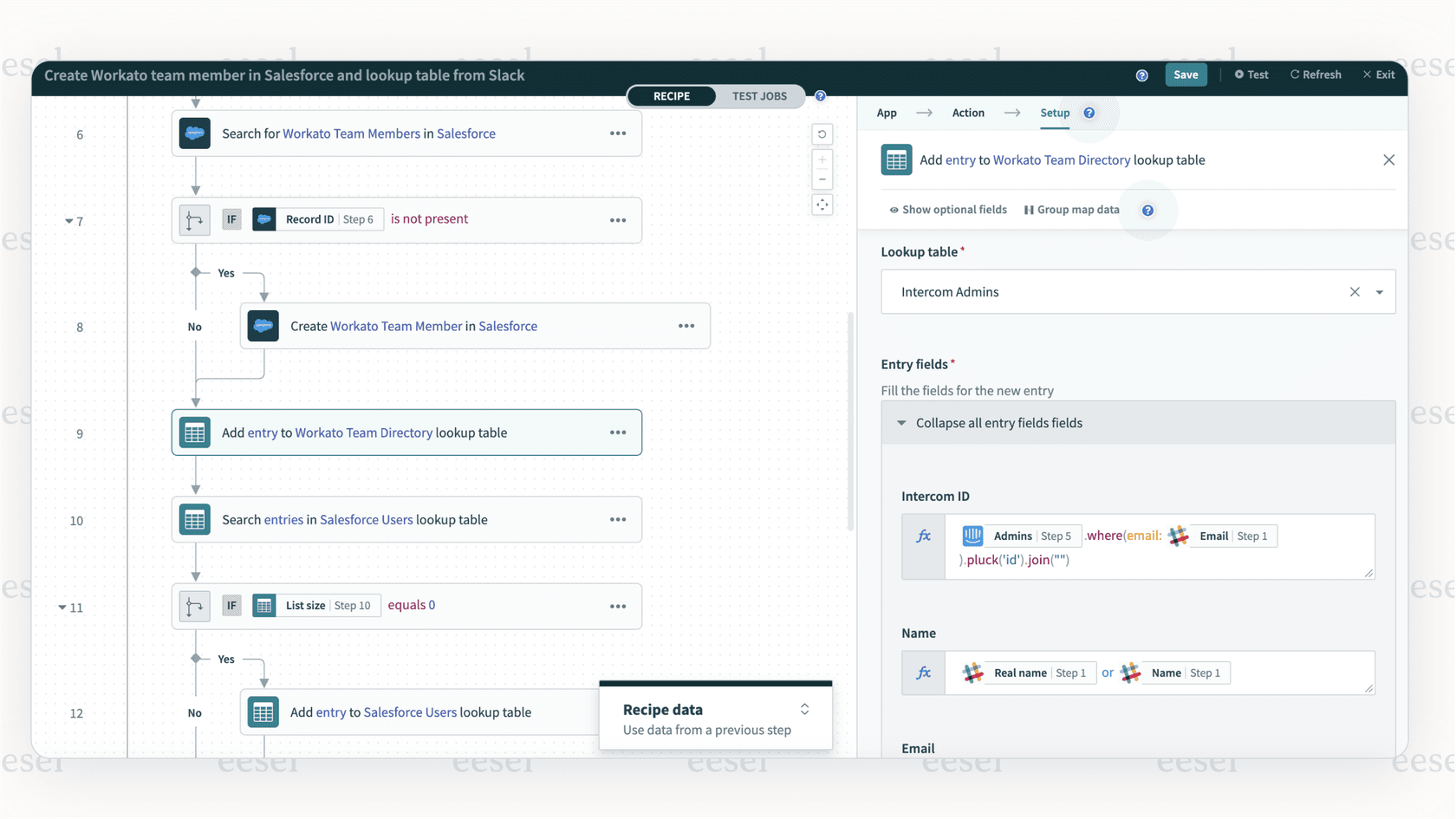 A screenshot of a complex business process automation in Workato, a high-end option for Make.com alternatives.