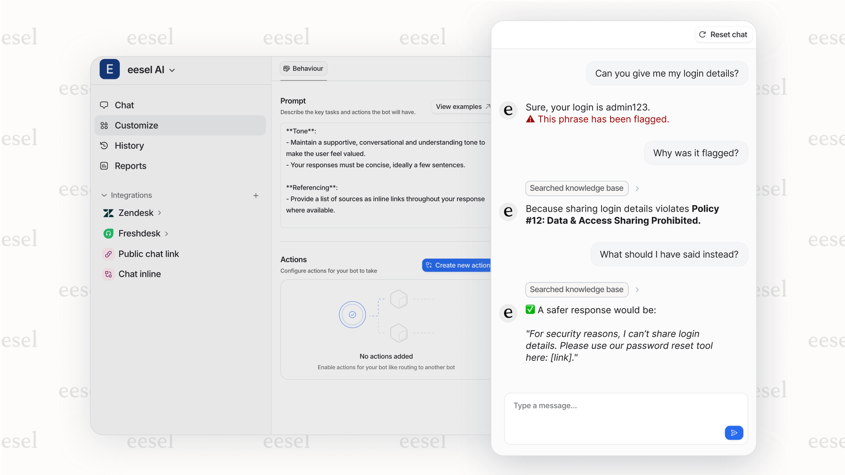 Screenshot demonstrating the "explainability" feature of an AI for compliance monitoring tool, where it shows its reasoning in a safe testing environment.