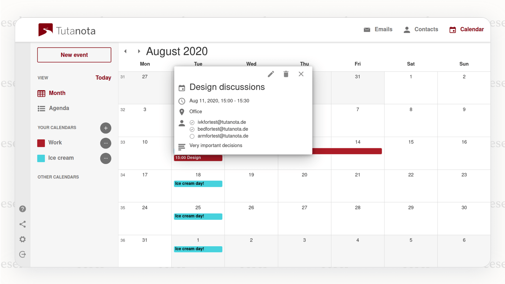A screenshot of the encrypted calendar inside Tuta, demonstrating how it offers more comprehensive security than other gmail alternatives by encrypting more than just email.