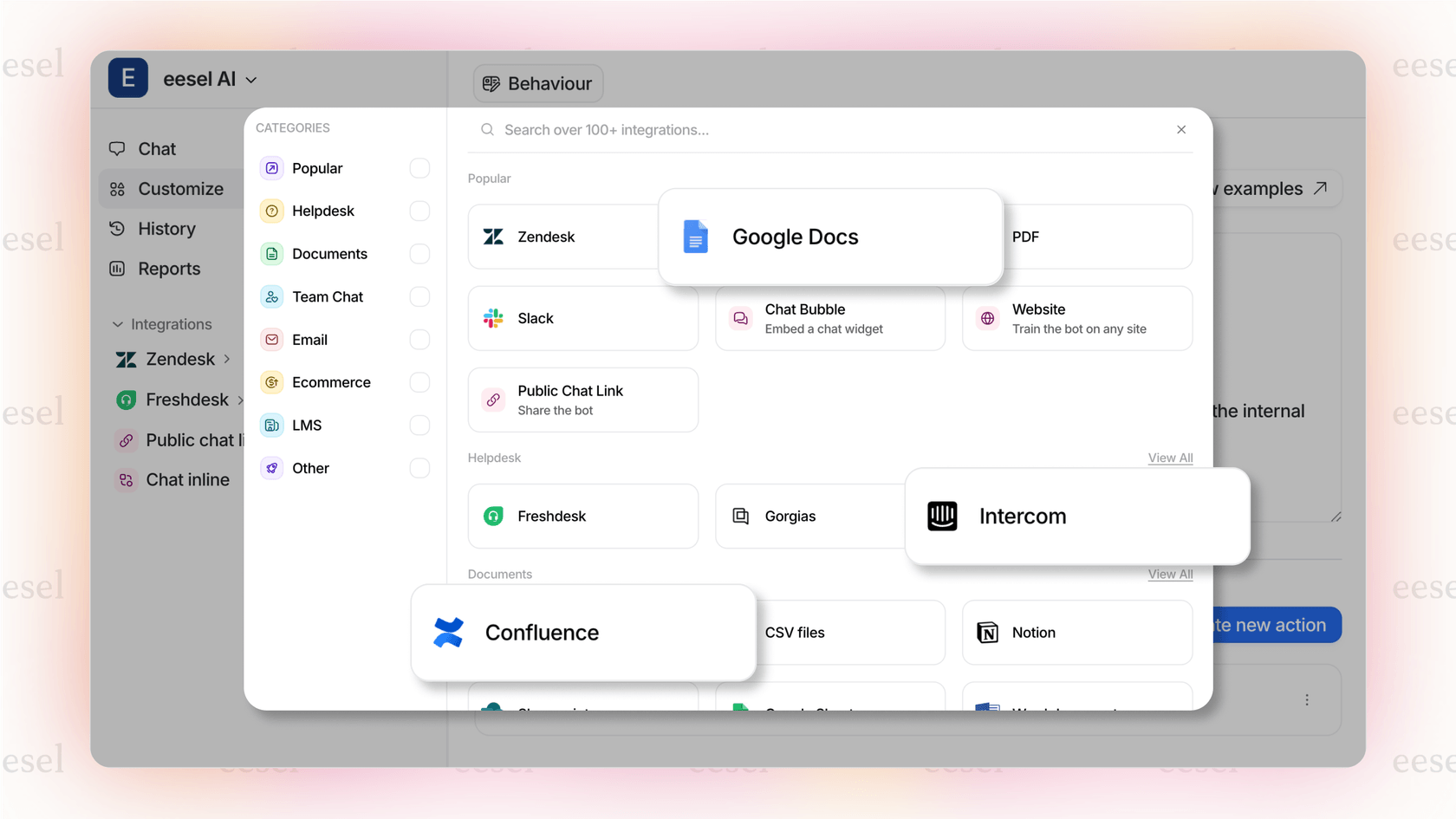 The eesel AI dashboard shown in this OpenAI Frontier review, highlighting its no-code integrations for learning business context.