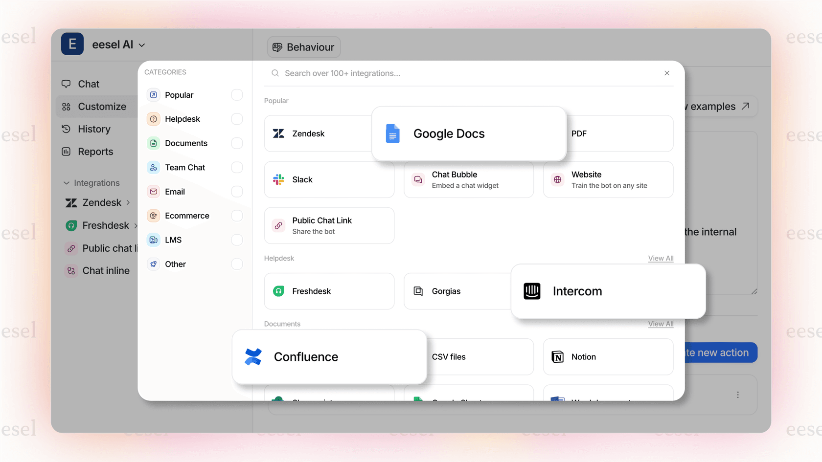 eesel AI dashboard connecting to internal knowledge sources and help desk systems
