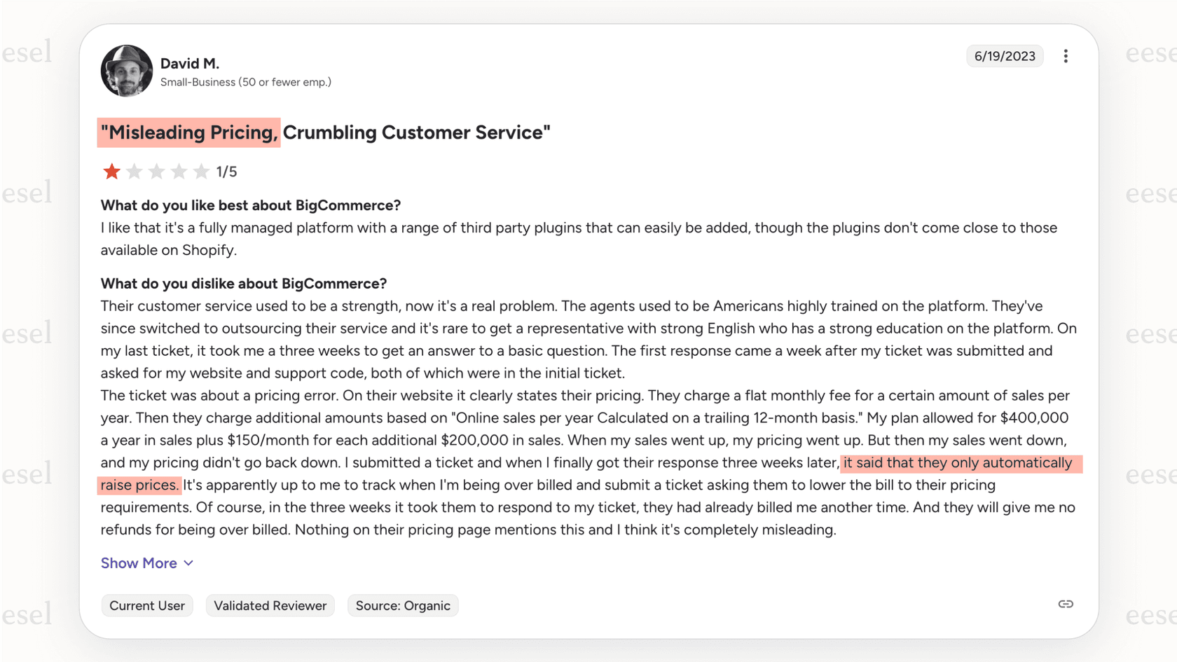 A screenshot of a G2 review of BigCommerce