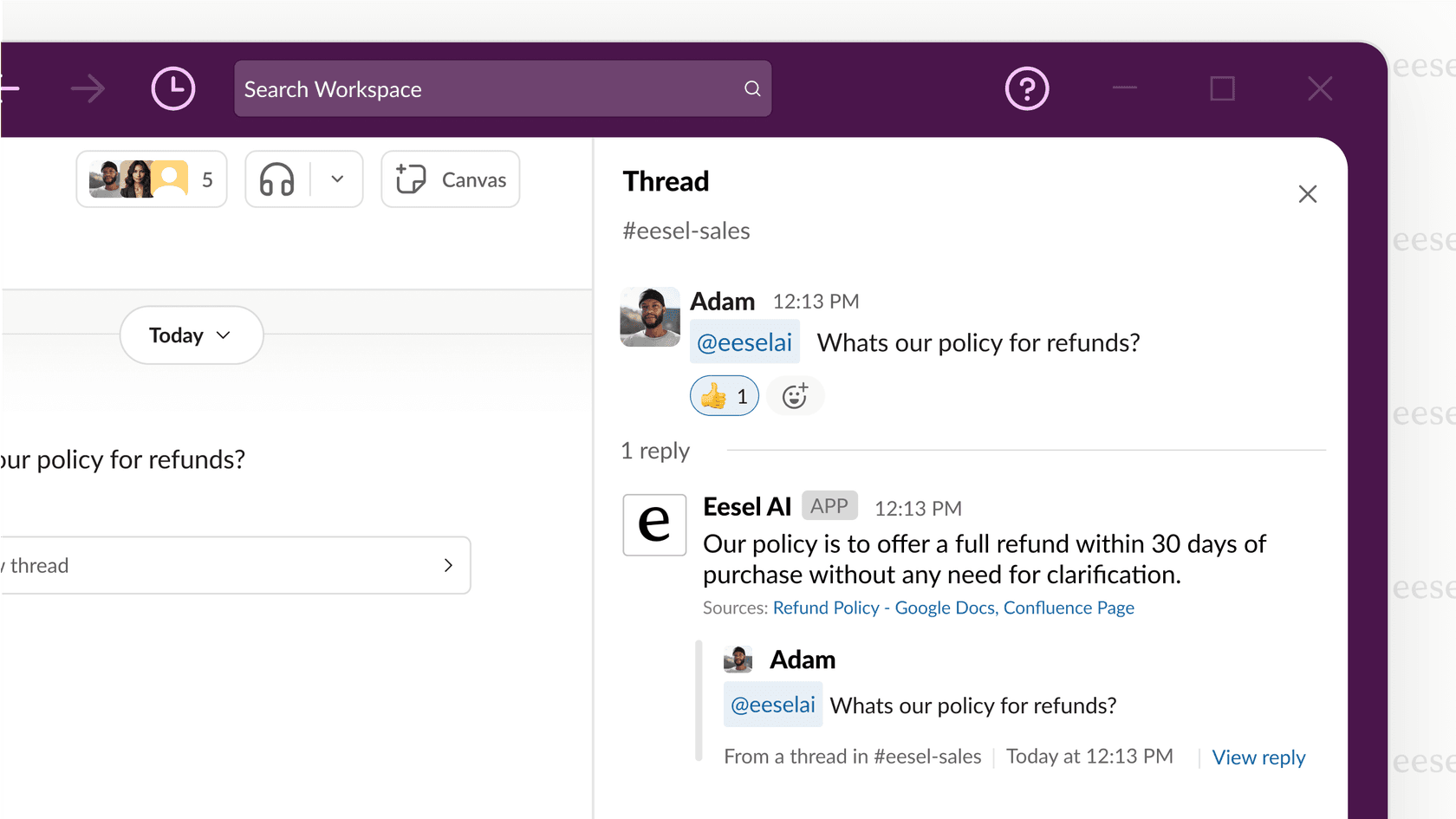 This Slack review screenshot shows an AI chatbot inside Slack providing a direct answer to an employee