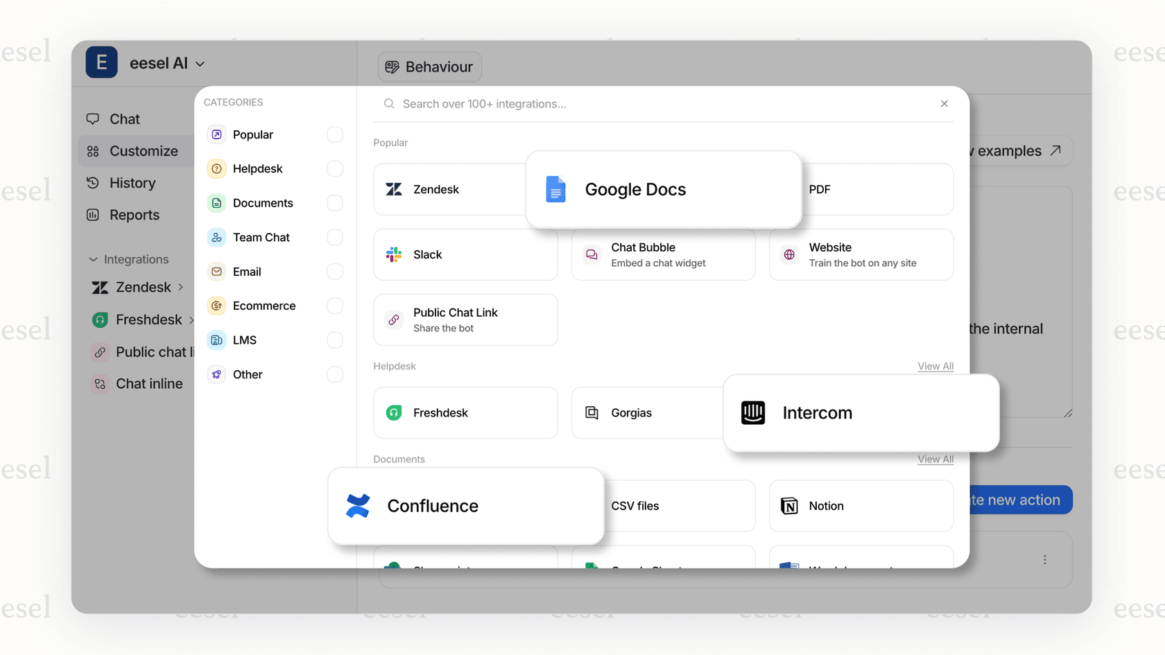 A screenshot of an AI for healthcare platform's integrations page, showing logos for Microsoft Teams, Slack, Confluence, Jira, Zendesk, and Google Docs.