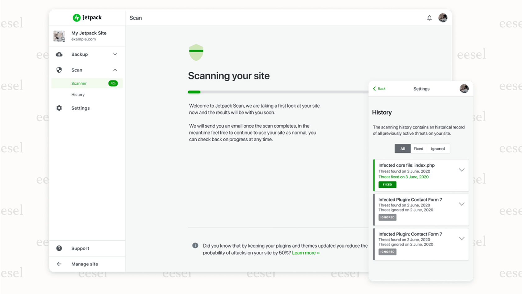 Ein Screenshot eines Sicherheits-Plugins wie Jetpack, das zeigt, wie diese Tools zu den laufenden WooCommerce-Preisgestaltungskosten für Wartung beitragen.