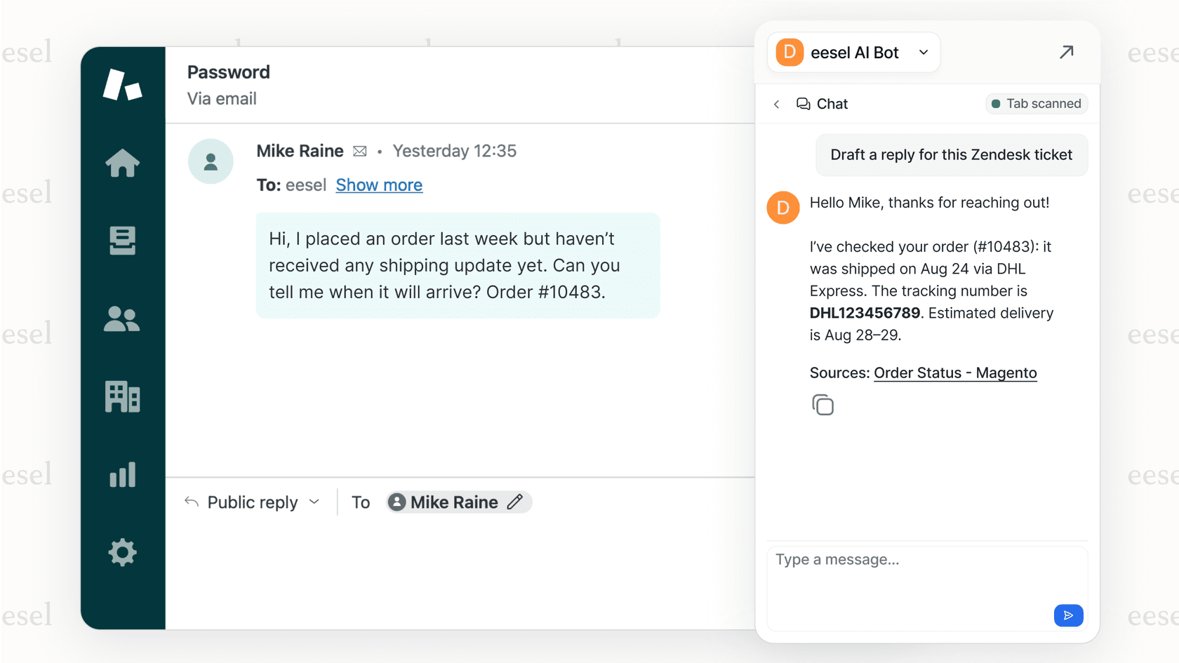 Agente de soporte de IA que trabaja dentro de Zendesk con integraciones de plataforma de comercio electrónico.