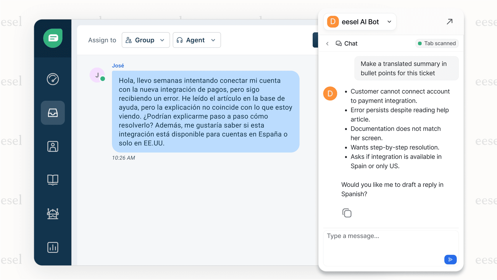 A screenshot of an AI Copilot assisting a human agent with a customer conversation, a key feature of Multilingual support AI.