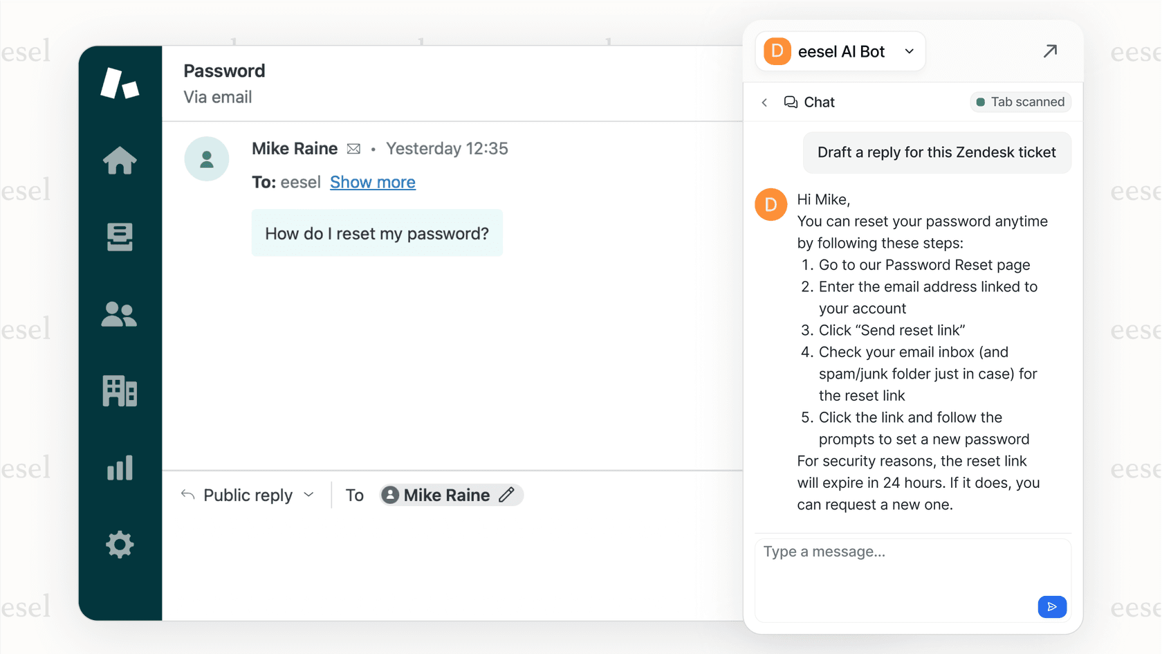 Screenshot showing how an AI Copilot for AI in business: works inside a help desk to suggest replies and automatically tag tickets, helping agents work faster.