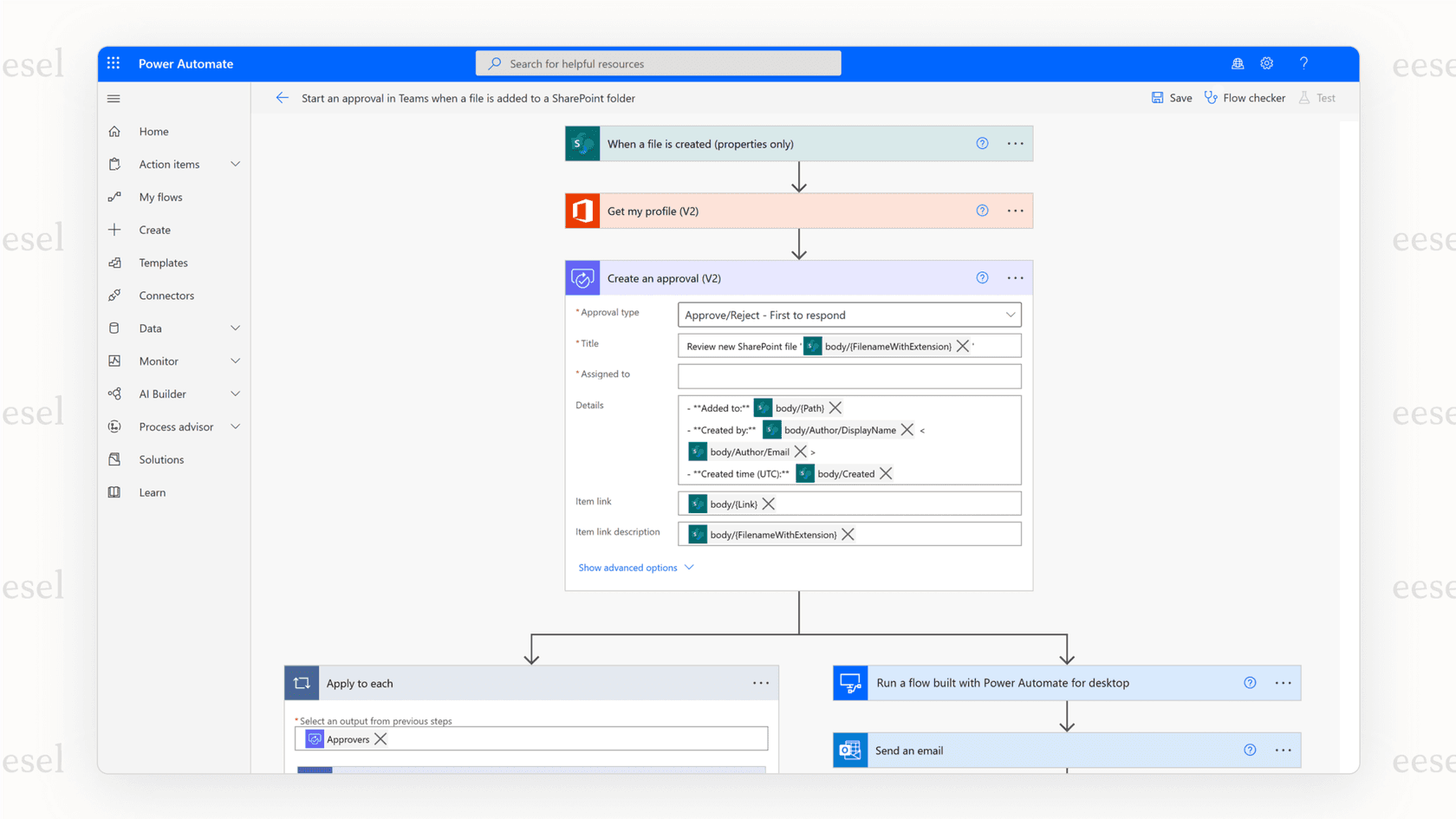 Ein Screenshot des Microsoft Power Automate-Flow-Builders, der zeigt, wie man KI für Workflows verwendet, um Aufgaben zwischen verschiedenen Microsoft-Anwendungen zu automatisieren.