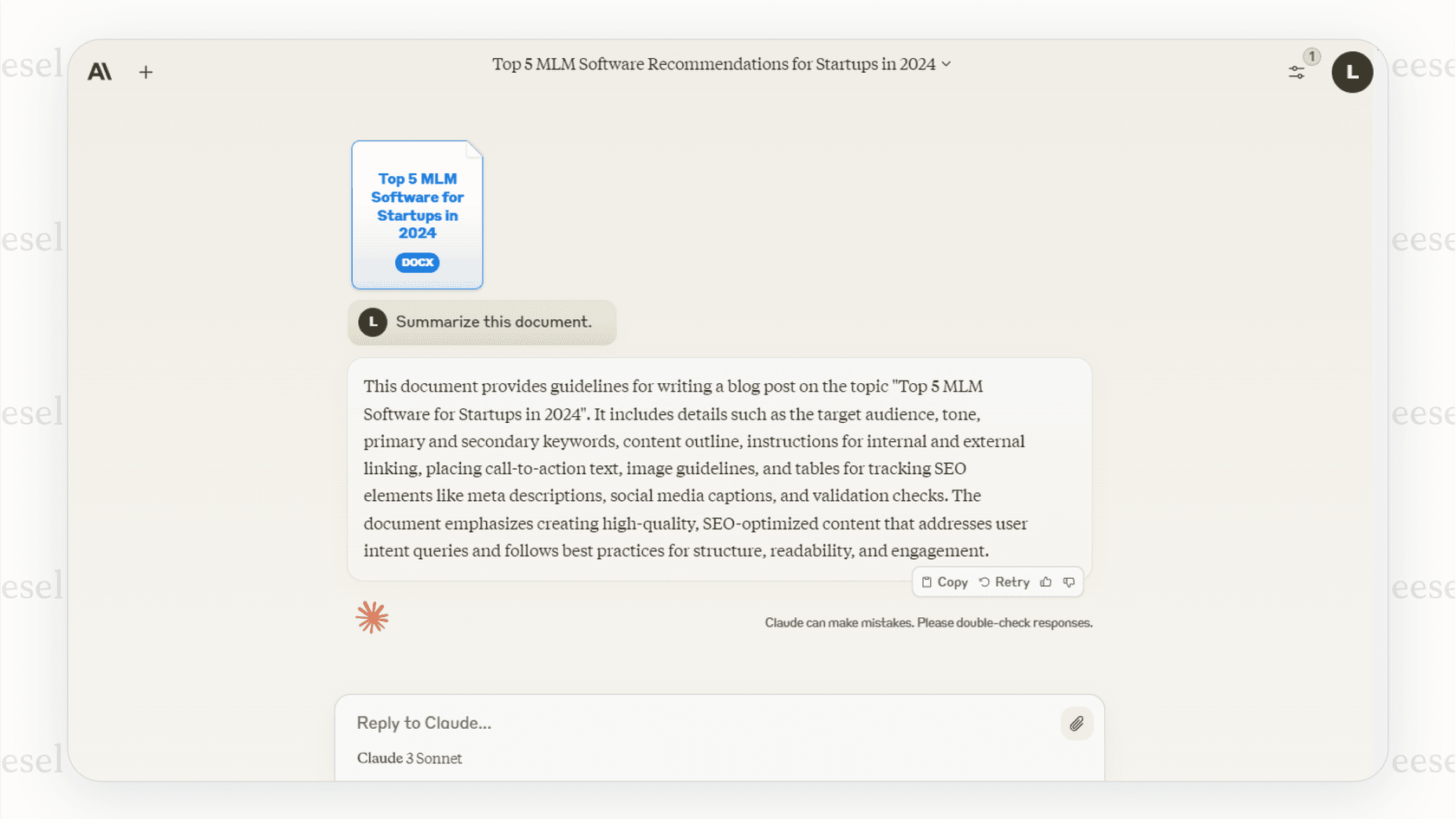 An example of uploading a large document to Claude for analysis, demonstrating why its large context window makes it one of the best AI for writing long-form content.