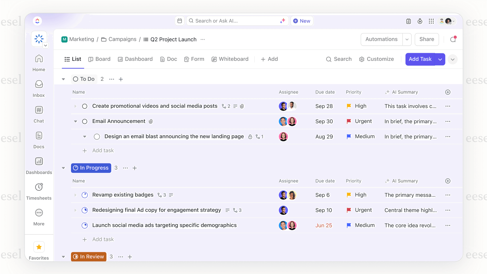The ClickUp platform, a flexible SharePoint alternative, showing how a single set of tasks can be viewed as a list, a kanban board, or a calendar.