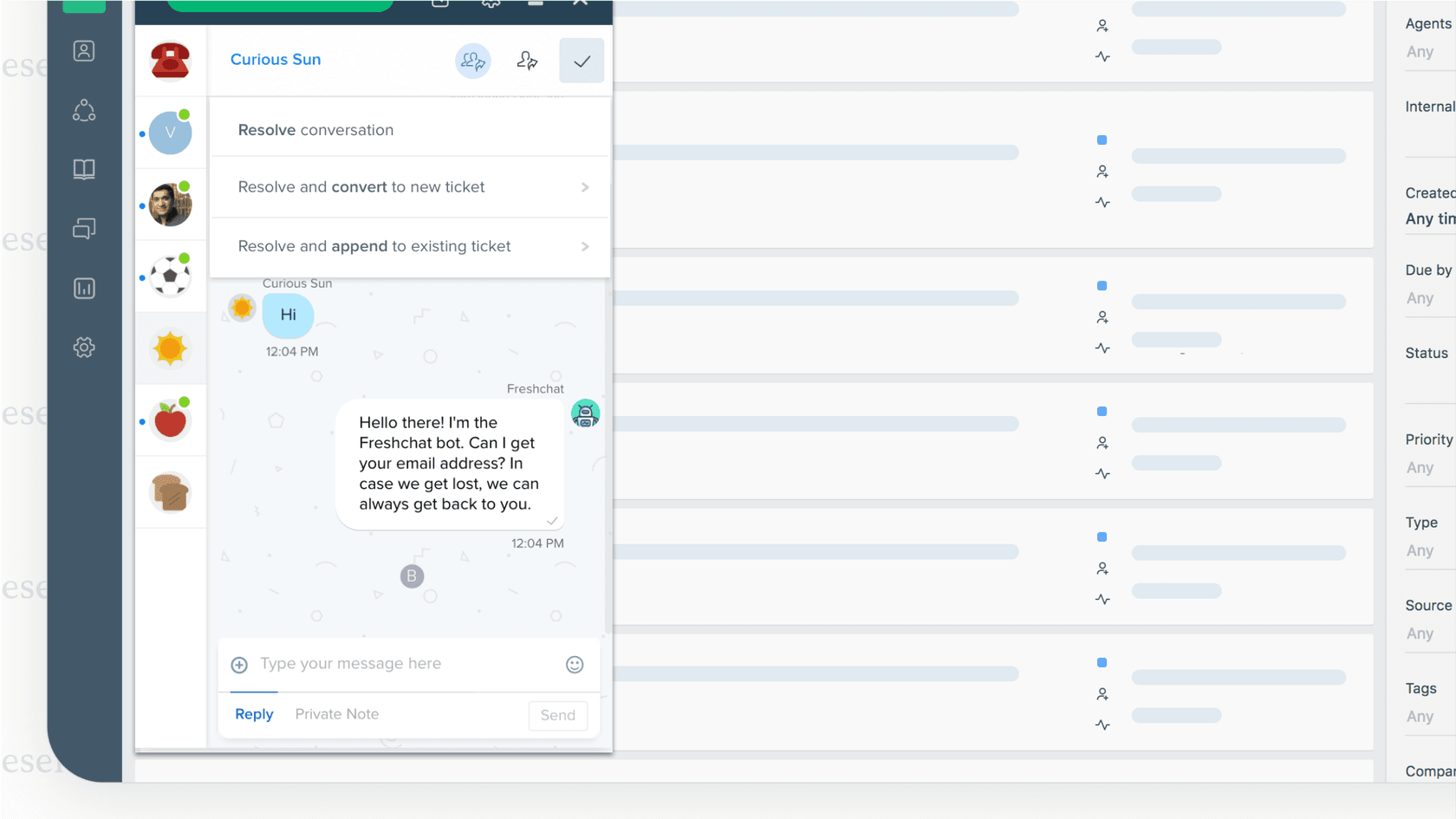The Freddy AI virtual agent within the Freshservice AI service desk, guiding an employee through a self-service workflow on the support portal.