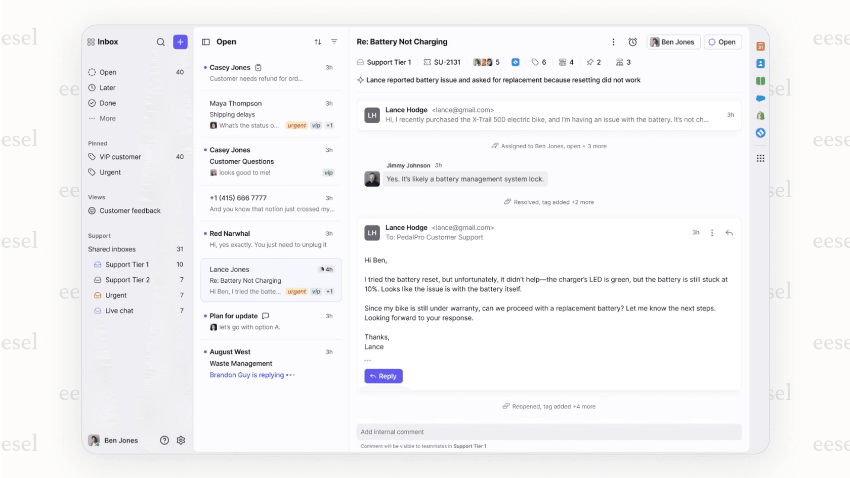 A screenshot of the Front app, a popular choice among Help Scout alternatives, showing how teams can collaborate on emails with internal notes.