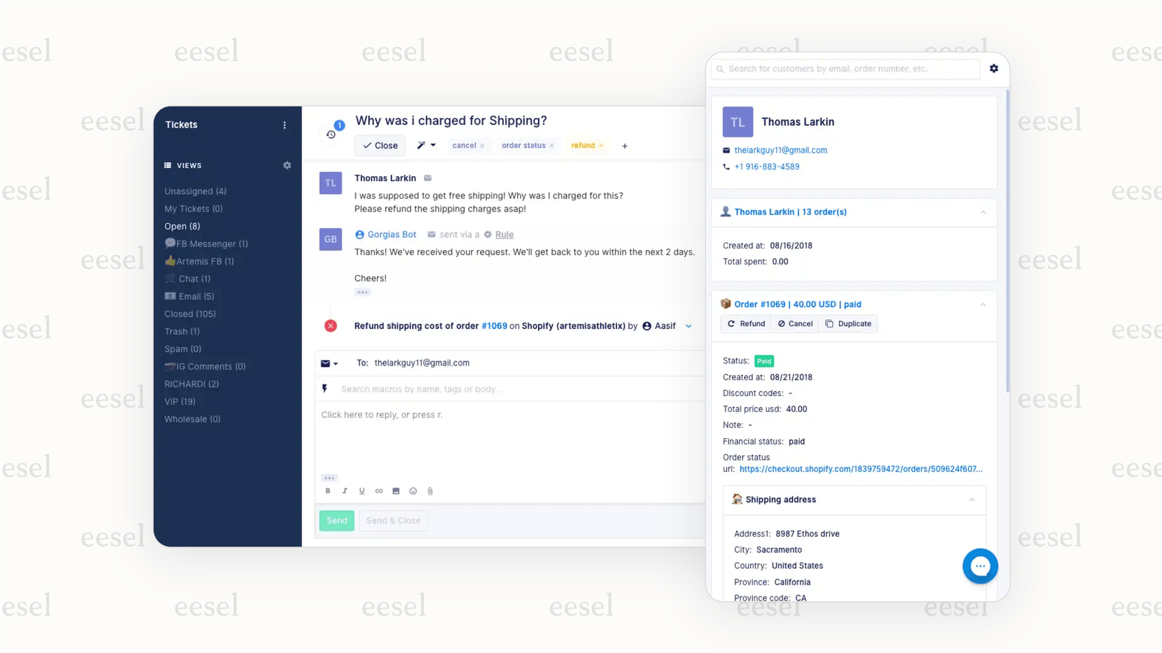 Une capture d'écran montrant l'interface Gorgias avec les données clients Shopify, soulignant pourquoi c'est l'une des meilleures alternatives à Kustomer pour les boutiques en ligne.