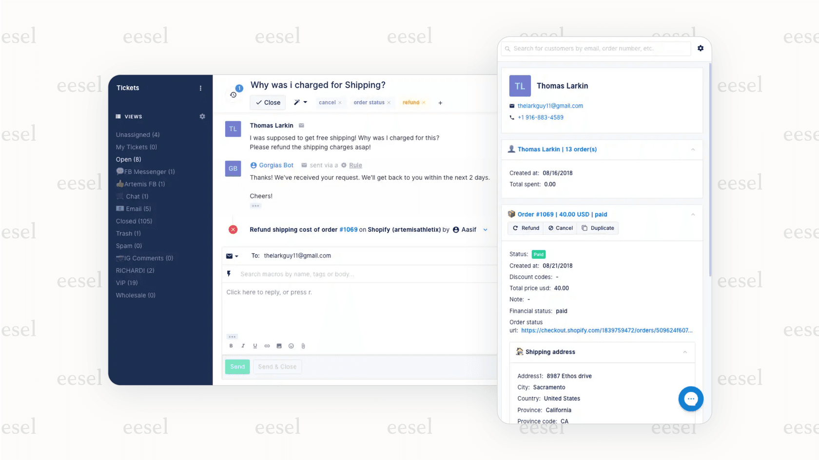 A screenshot showing the Gorgias interface with Shopify customer data, highlighting why it is one of the best kustomer alternatives for online stores.
