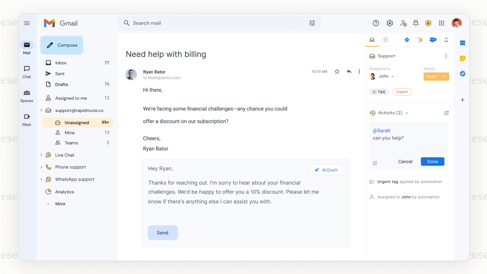 GmailのインボックスがHiverによって強化された様子を示すスクリーンショット。共有インボックスや割り当て機能が追加されています。