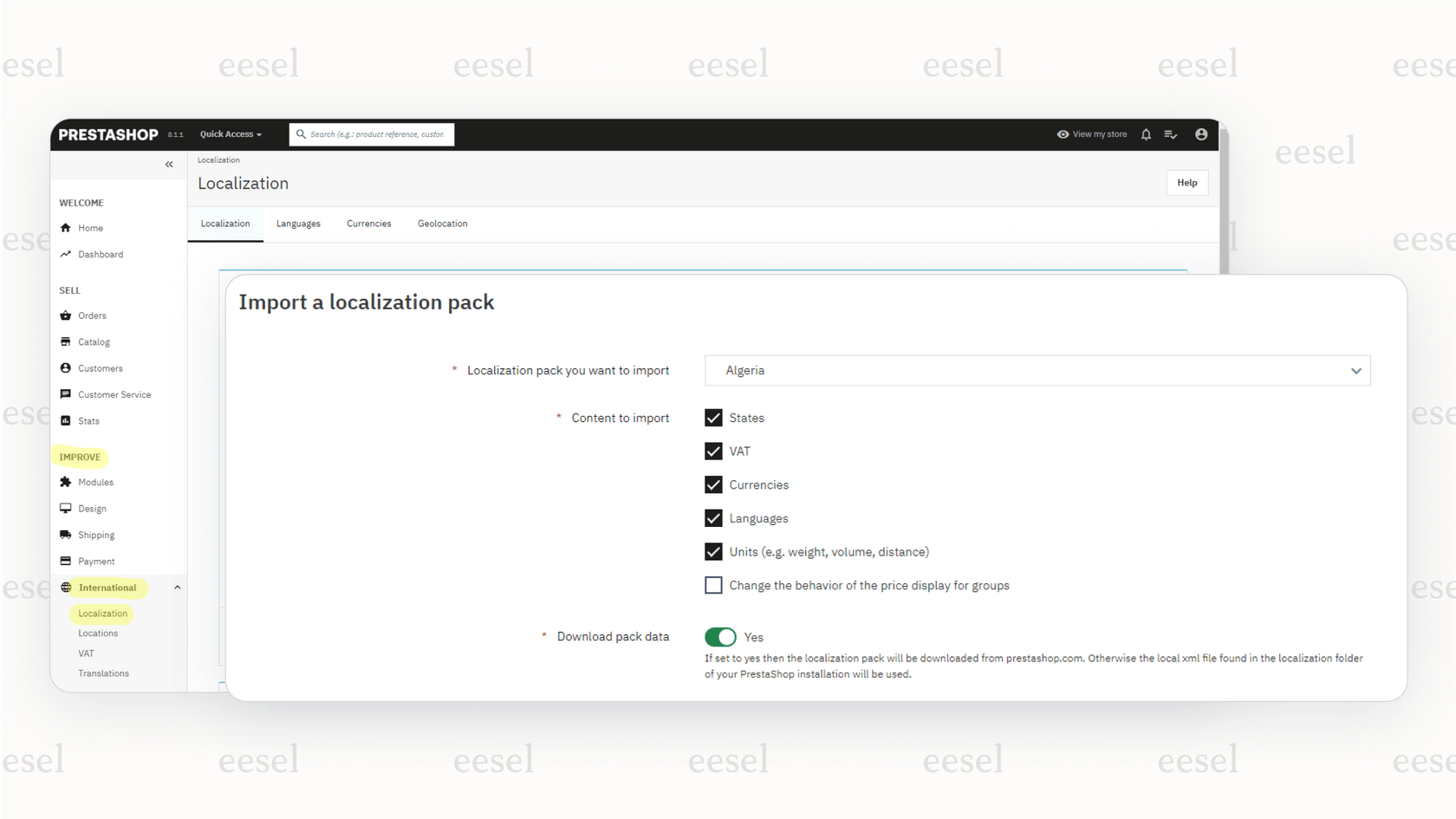 A screenshot of the PrestaShop dashboard showing its strong multi-language and multi-currency features, a key reason it is one of the top open-source bigcommerce alternatives.