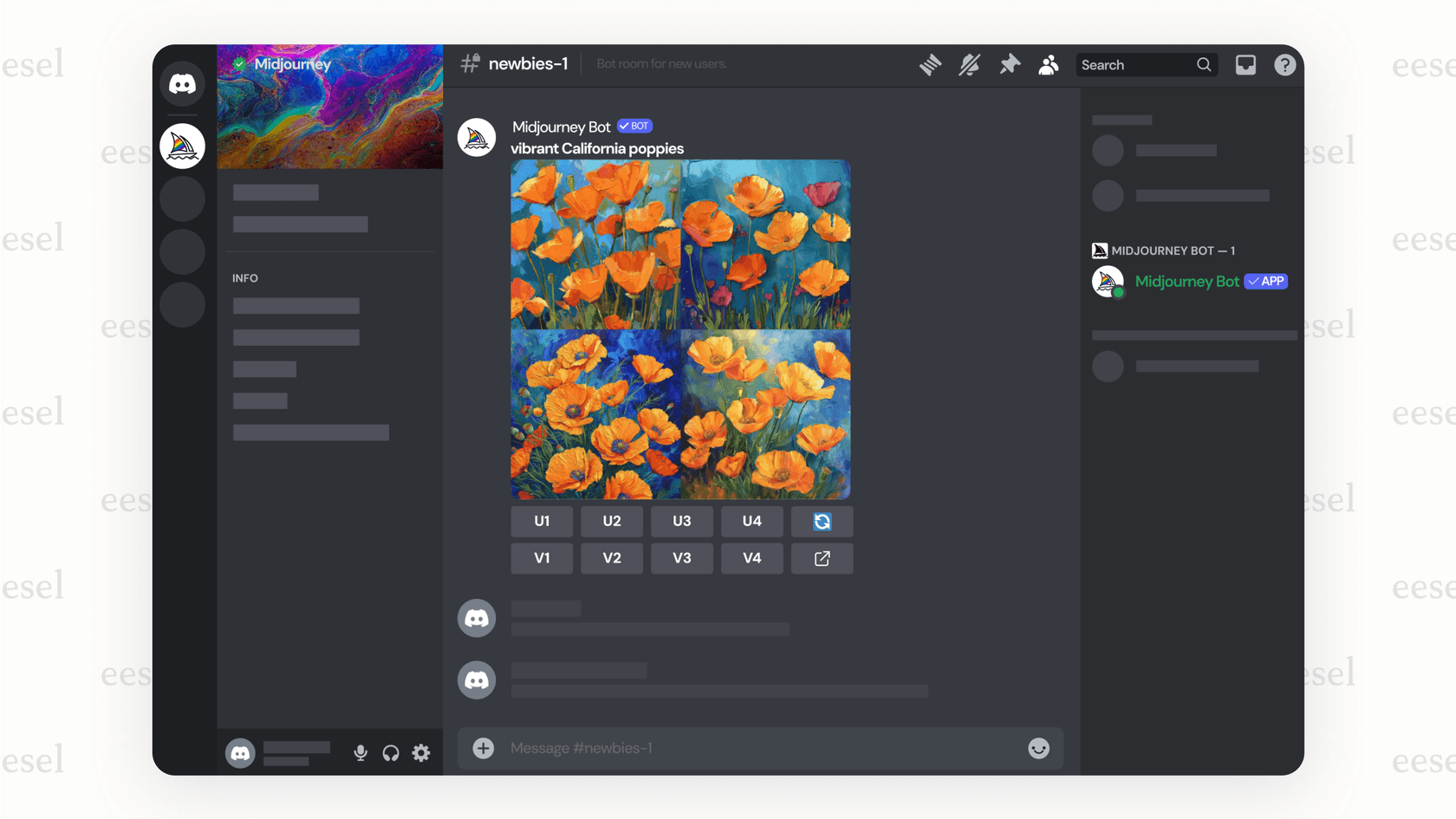 The Midjourney bot inside Discord, showing how AI tools for business can generate unique images from a simple text prompt.
