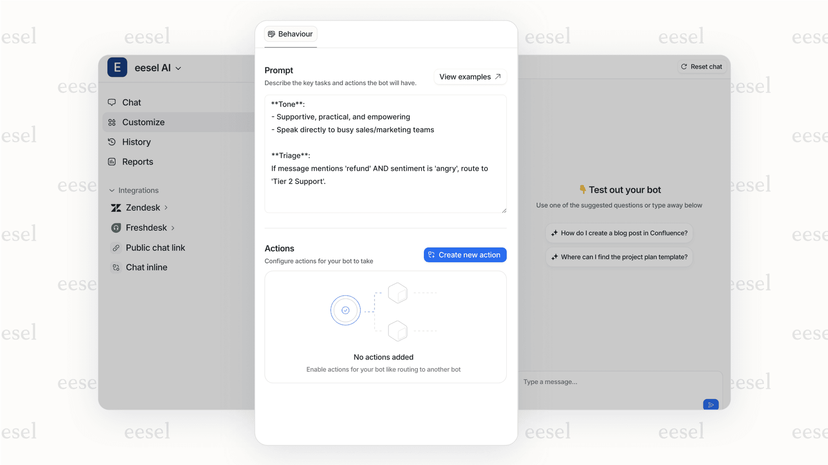 A screenshot of the eesel AI interface, showing how easy it is to set up and manage AI data analysis without any coding skills.