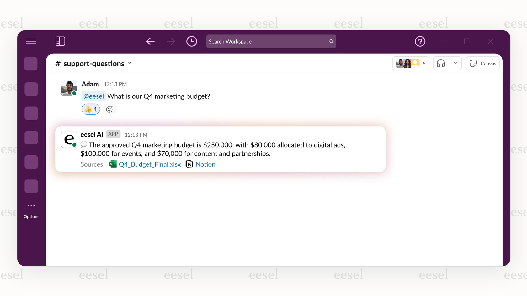 A screenshot of eesel AI works on your Internal Chat